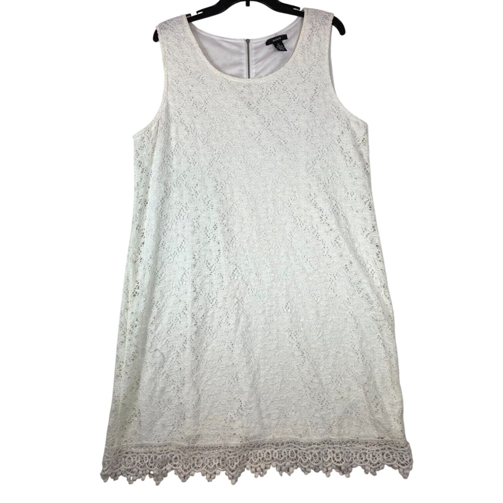 Alfani Womens White Floral Lace Sleeveless Shift Dress Pom Pom Hem XL‎
